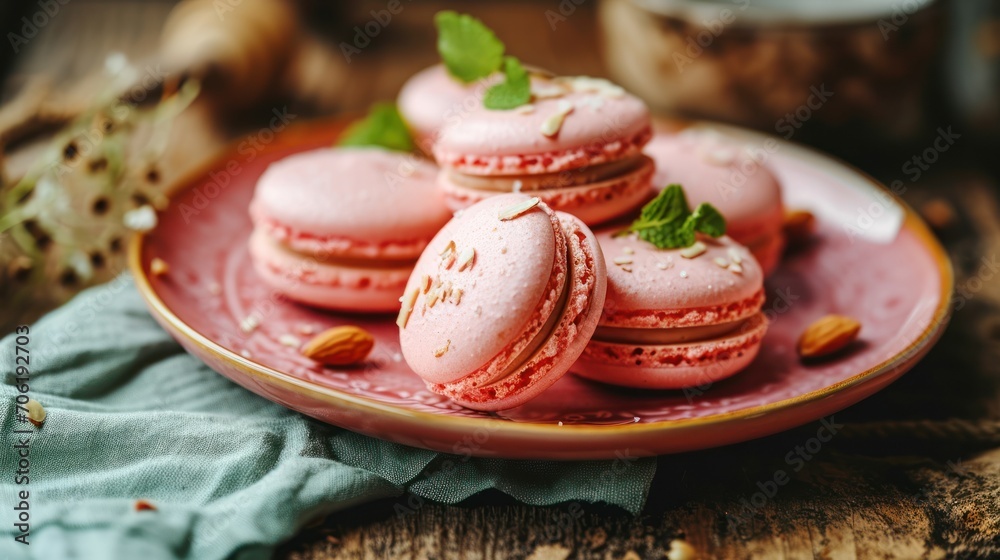  a pink plate topped with pink macaroons covered in powdered sugar and topped with a leafy green leaf.