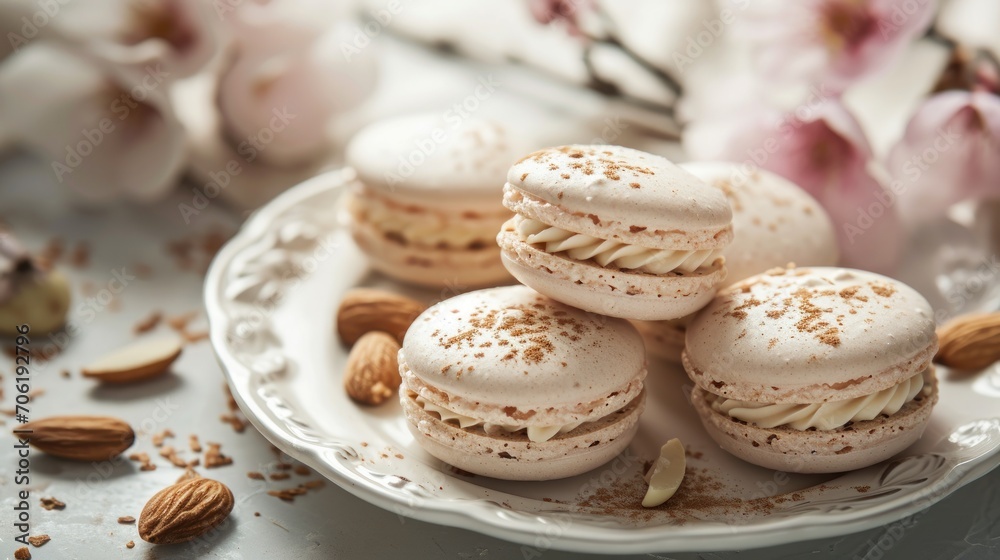 a white plate topped with macaroons covered in frosting and almonds next to a bunch of flowers. a white plate topped with macaroons covered in frosting and almonds next to a bunch of flowers.