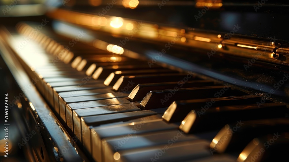  a close up of a piano keyboard with light coming from the top of the keys and a blurry background.