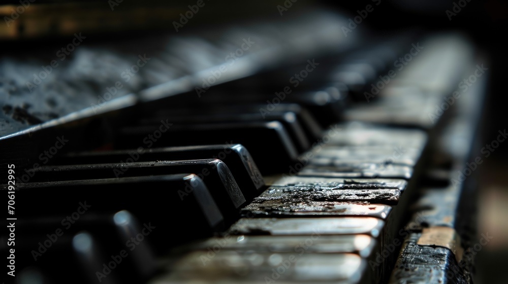  a close up of the keys of an old, dirty, broken, and stained, piano or musical instrument.