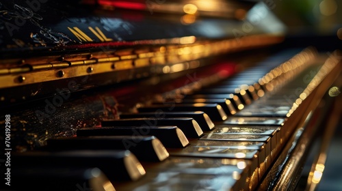 a close up of a piano keyboard with a blurry image of the keys and a blurry light in the background.