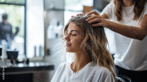 Close-up of a hairdresser applying shampoo, mask to the hair of a client's woman, coloring her hair in a beauty salon. Profession, services, small business, beauty and care concepts.