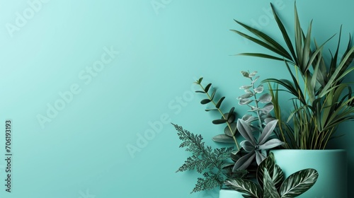  a couple of vases filled with plants on top of a blue surface with a green wall in the background.