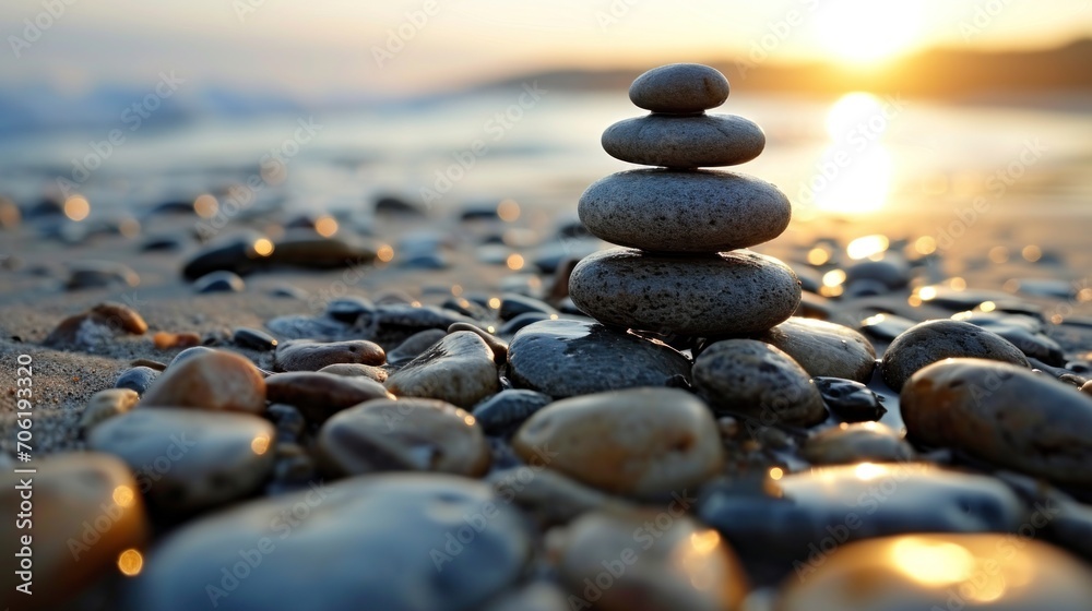  a pile of rocks sitting on top of a beach next to a body of water with the sun setting in the background.