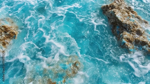  a couple of rocks sticking out of the middle of a body of water with foamy water on top of them.