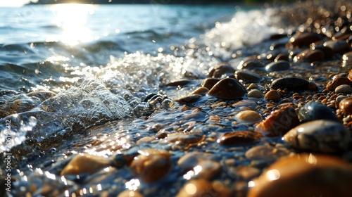  a close up of rocks and water on the shore of a body of water with a bright sun in the background.