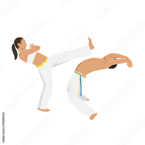 People fighting in Capoeira. Brazilian martial arts. Combat sport. Flat vector illustration isolated on white background
