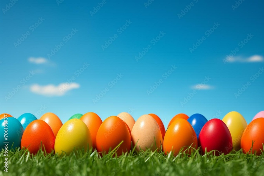 Colorful eggs on a grass lawn under a clear sky. Generative AI