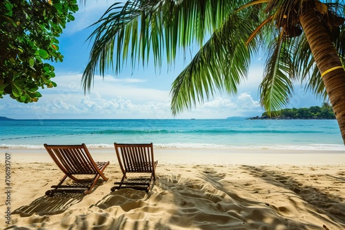 Beach chairs on the tropical beach with blue sea and sky background