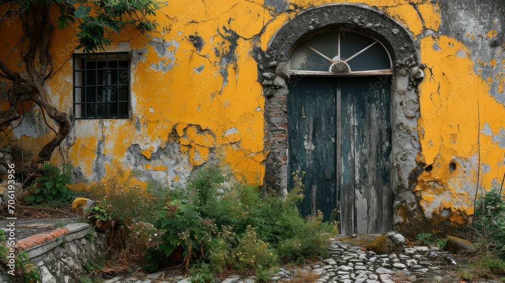 a yellow and gray building with a green door and window with a star on the top of the door and a stone pathway in front of it. a yellow and gray building with a green door and window with a star on the top of the door and a stone pathway in front of it.