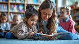 A Teacher reading a book with girl student children kindergarten pre-school childcare