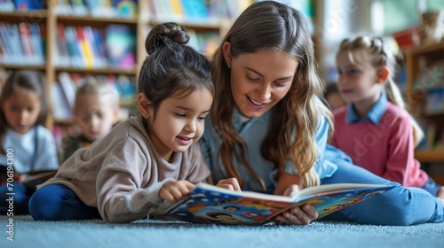 A Teacher reading a book with girl student children kindergarten pre-school childcare photo
