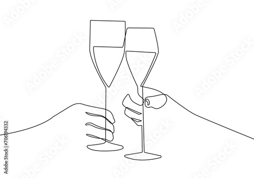 Continuous Line Drawing of Champagne Glasses Black Sketch on White Background. Two Glasses Simple One Line Drawing. Minimal Hand Draw Illustration for Cafe, Party, Holiday, Invitation. Vector EPS 10