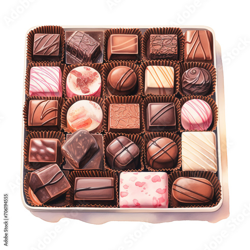 Assorted Box of Chocolate, Foods Illustration. Watercolor Style. AI Generated