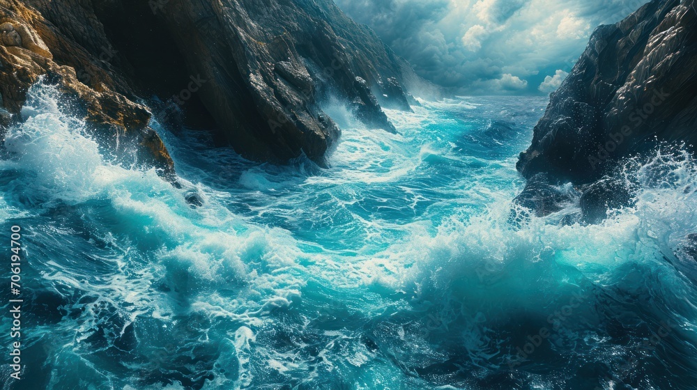  a large body of water next to a rocky cliff with waves crashing against the rocks and a sky filled with clouds.