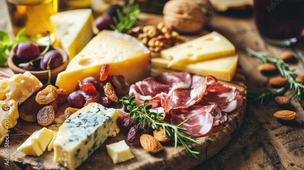 a variety of cheeses, nuts, and meats on a cutting board with a glass of wine in the background. a variety of cheeses, nuts, and meats on a cutting board with a glass of wine in the background.