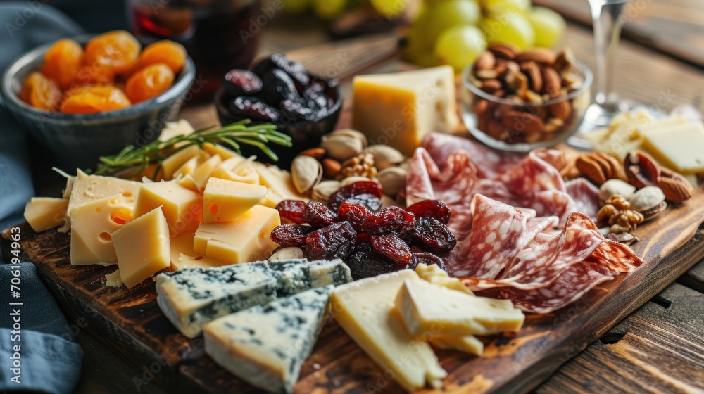 a variety of cheeses and meats on a wooden cutting board with a glass of wine in the background. a variety of cheeses and meats on a wooden cutting board with a glass of wine in the background.