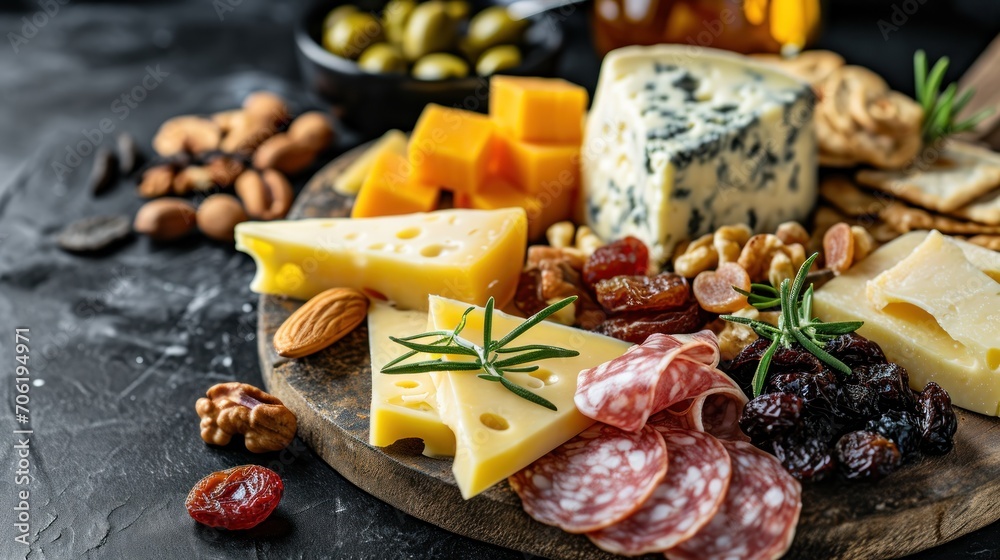 a variety of cheeses, nuts, and meats are arranged on a wooden platter on a table. a variety of cheeses, nuts, and meats are arranged on a wooden platter on a table.