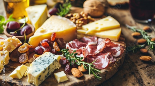  a variety of cheeses, nuts, and meats on a cutting board with a glass of wine in the background.