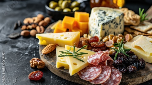  a variety of cheeses, nuts, and meats are arranged on a wooden platter on a table.