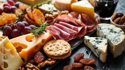 a variety of cheeses, crackers, nuts, and meats are arranged on a black platter.