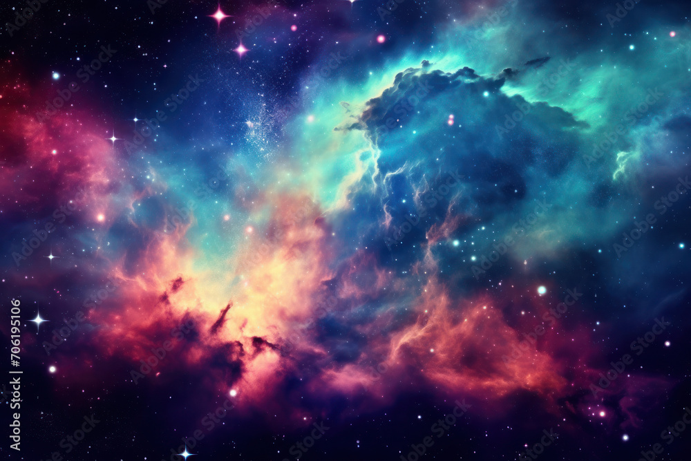 Fototapeta premium A vibrant tapestry of the cosmos unfolds in hues of blue, pink, and purple, showcasing the dynamic beauty of nebulae, stars, and interstellar clouds in a celestial spectacle.
