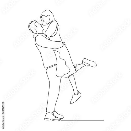 Continuous single line sketch drawing of romantic couple hugging together with love. One line art of valentine couple romance concept vector illustration