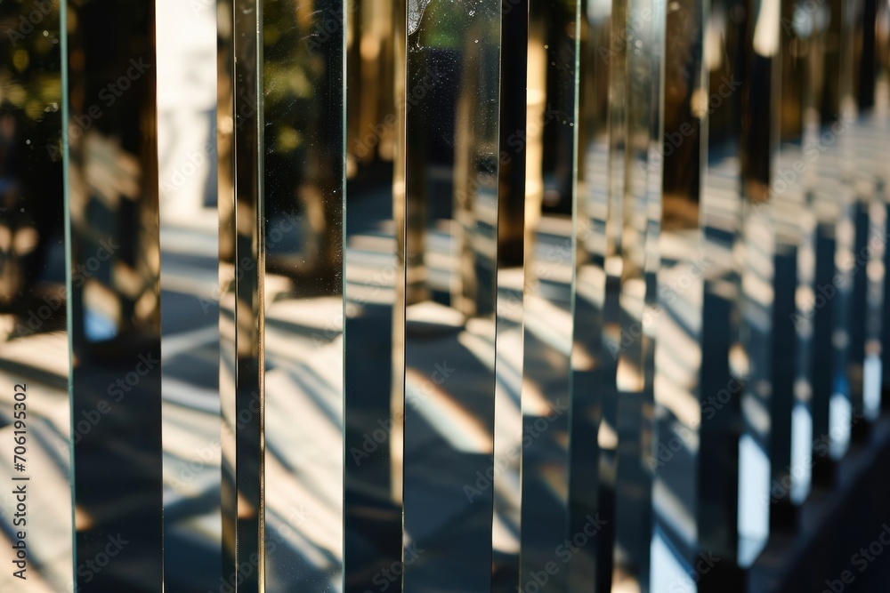  a close up of a metal fence with a reflection of trees in the glass on the side of the fence. - obrazy, fototapety, plakaty 