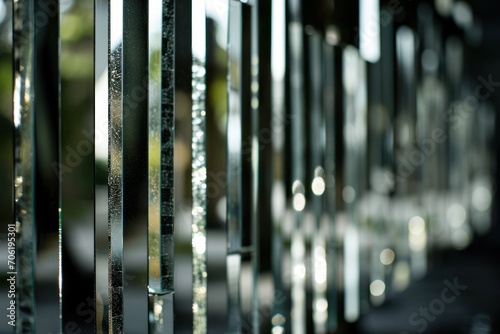  a close up of a metal fence with a blurry background of trees and a building in the back ground.