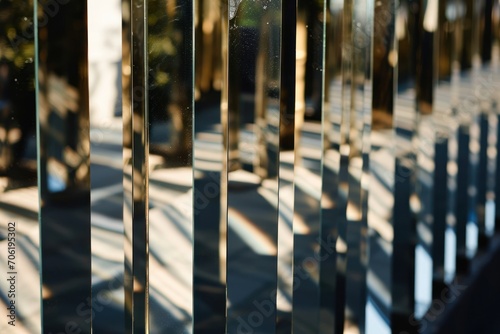 Fotomurale a close up of a metal fence with a reflection of trees in the glass on the side of the fence
