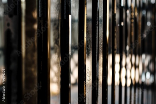  a close up of a metal fence with a street in the backgroufground and a building in the backgroufground.