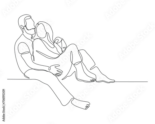 Continuous single line sketch drawing of romantic couple hugging together with love. One line art of valentine couple romance concept vector illustration