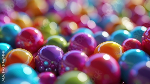  a close up of a bunch of colorful balls in a pool of water with a blue sky in the background.