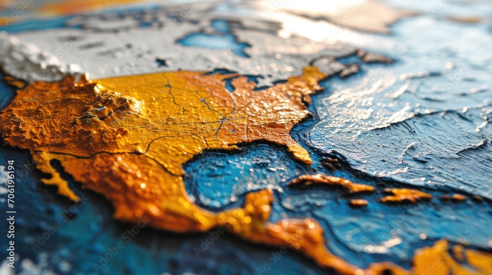 a close - up of a map of the united states painted in gold, blue, and silver on a piece of wood. a close - up of a map of the united states painted in gold, blue, and silver on a piece of wood.