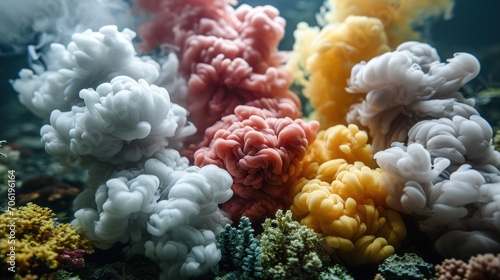  a group of different colored corals floating on top of a seaweed covered ocean floor next to a large amount of water.