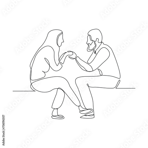 Continuous single line sketch drawing of romantic couple talking conversation together with love. One line art of valentine couple romance concept vector illustration
