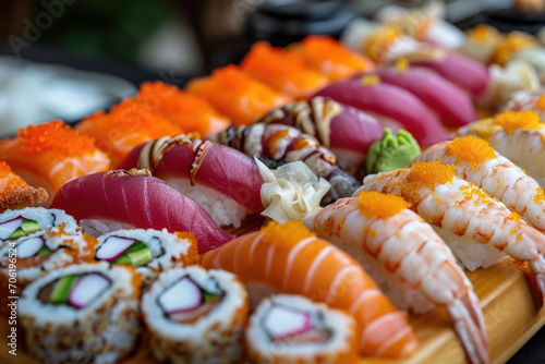 A vibrant array of sushi, each piece meticulously crafted with fresh, local Japanese ingredients