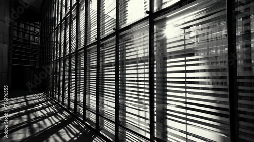  a black and white photo of a window with the sun shining through the blinds on the side of the building.