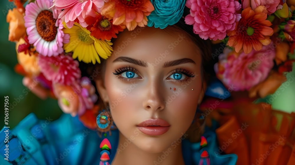 Beautiful young woman with colorful flower wreath shiny cosmetic glitter for skin blue eyes big lips calm happy smiling fashion model make up skin care concept