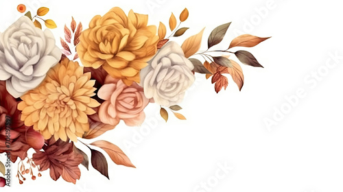 bouquet of orange flowers,Watercolor   Autumn floral corner border with dahlia, rose and eucalyptus leaves. Fall frame, banner, background.  © Planetz