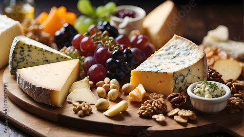 A close up of a cheese board with a variety of artisanal cheese and accompaniments