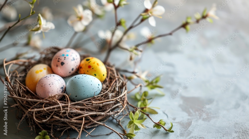 a nest filled with eggs sitting on top of a table next to a twig filled with leaves and flowers. a nest filled with eggs sitting on top of a table next to a twig filled with leaves and flowers.
