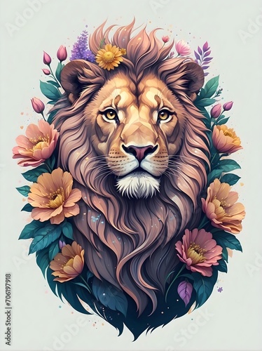 A detailed illustration a print of vintage lion head  flowers splash  t-shirt design