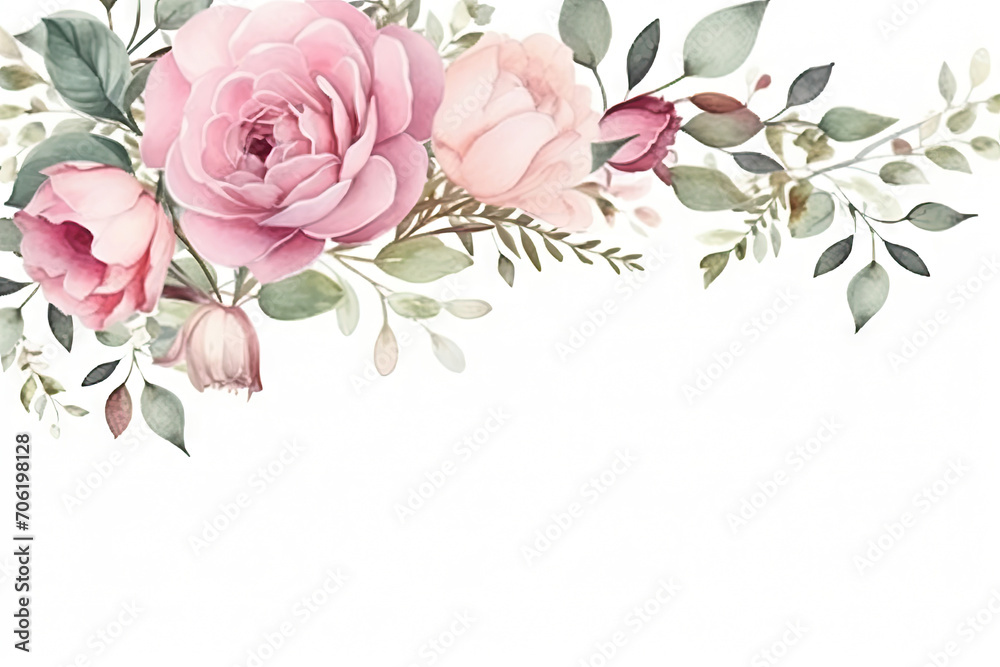 Naklejka premium bouquet of pink roses,Watercolor floral illustration. Pink flowers and eucalyptus greenery bouquet. Dusty roses, soft light blush peony - border, wreath, frame. Perfect wedding stationary, greetings,