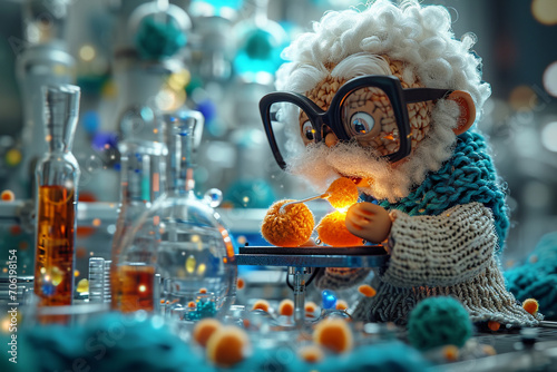 An illustration of a knitted scientist, with a lab coat and a set of miniature lab equipment.