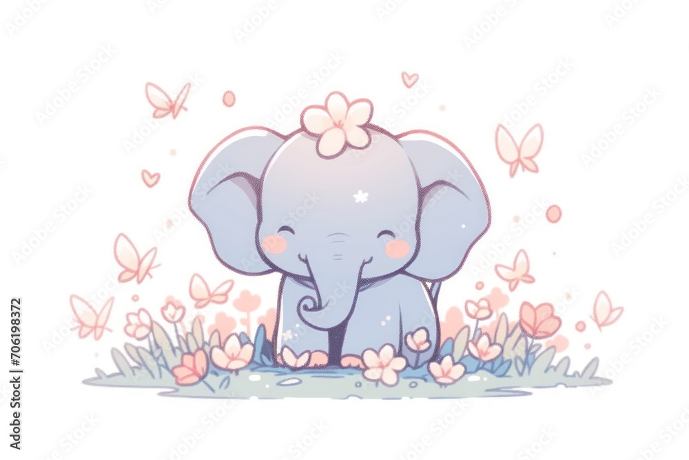 an elephant with a flower on it's head sitting in a field of flowers with butterflies in the background. an elephant with a flower on it's head sitting in a field of flowers with butterflies in the background.