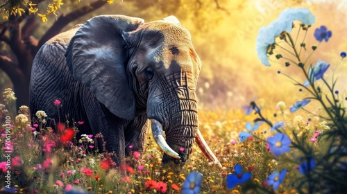  a painting of an elephant standing in a field of wildflowers with trees and flowers in the foreground.