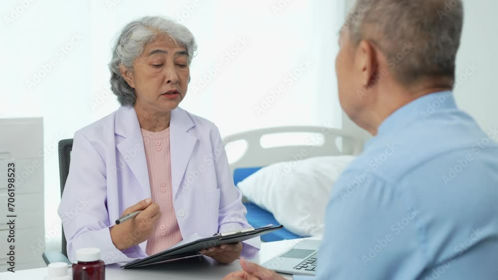 An elderly Asian male patient answers questions from an elderly female doctor. health advice and discuss comprehensive health care in a healthcare environment. Health insurance concept. An elderly Asian male patient answers questions from an elderly female doctor. health advice and discuss comprehensive health care in a healthcare environment. Health insurance concept.