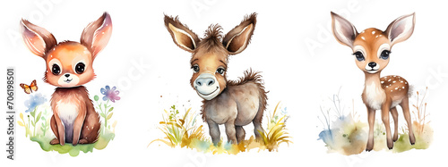 Watercolor Cute Animals, Donkey, Rabbit, Deer