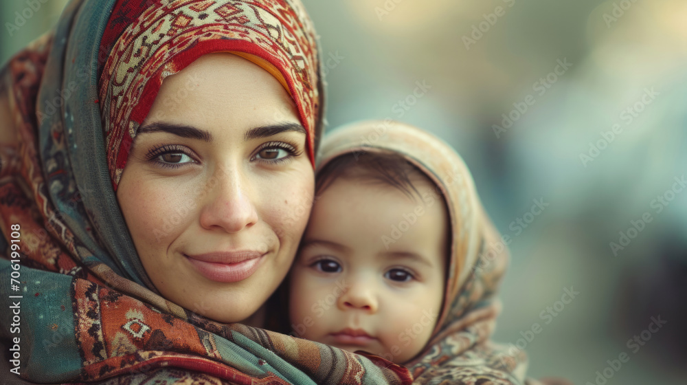 Gentle Embrace: Middle Eastern Mother with Child in Autumn Hues Gentle Embrace: Middle Eastern Mother with Child in Autumn Hues